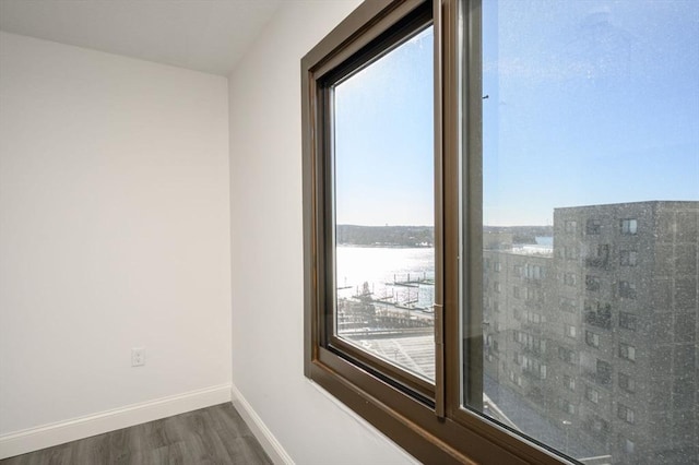 spare room featuring a water view and dark hardwood / wood-style flooring