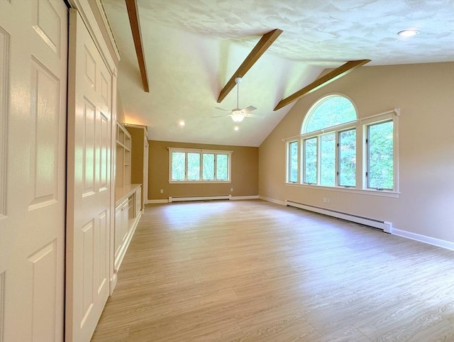 6 Oak St, Foxboro, MA 02035 - unfurnished room featuring a baseboard radiator, light wood-type flooring, beam ceiling, baseboards, and a ceiling fan