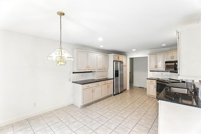 102 Pinehurst Dr Unit 102, East Longmeadow, MA 01028 - kitchen with recessed lighting, light tile patterned flooring, a sink, a chandelier, and appliances with stainless steel finishes