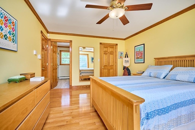 bedroom with light wood-type flooring, a baseboard radiator, ceiling fan, and ornamental molding