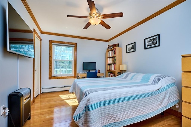 bedroom with crown molding, ceiling fan, lofted ceiling, light wood-type flooring, and a baseboard heating unit