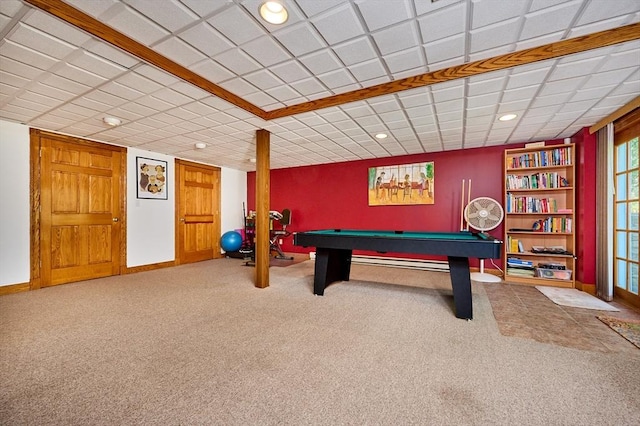 game room with carpet floors, recessed lighting, baseboards, and pool table