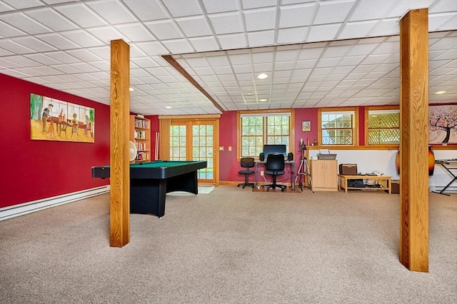 game room with recessed lighting, carpet flooring, pool table, and baseboard heating