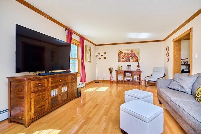 living area with light wood-style floors, ornamental molding, and a baseboard radiator