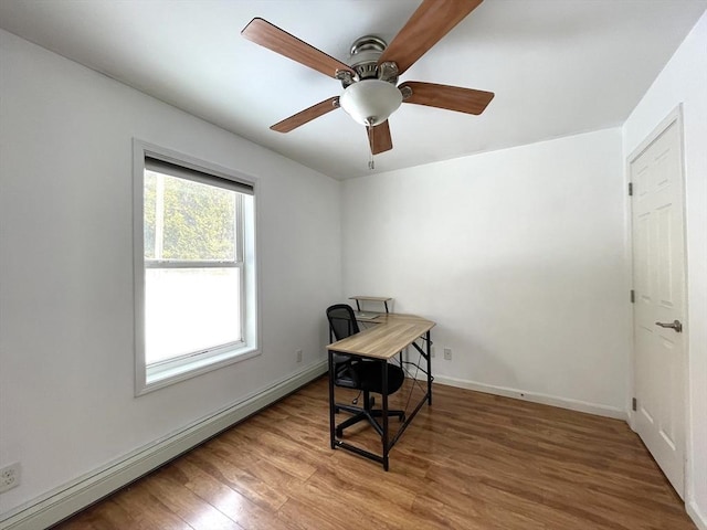 office area with a baseboard radiator, wood-type flooring, and ceiling fan