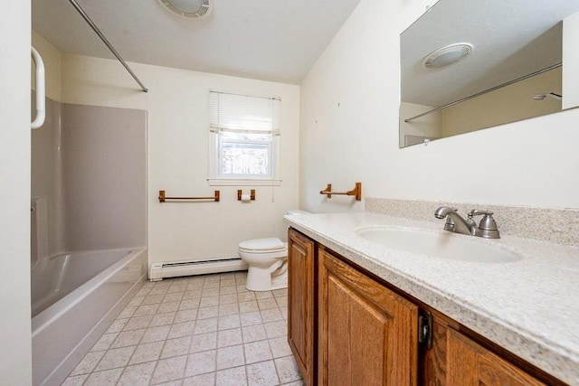 bathroom featuring shower / washtub combination, a baseboard radiator, vanity, and toilet