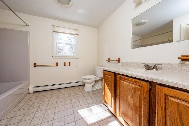 full bathroom featuring vanity, a baseboard radiator, bathing tub / shower combination, and toilet