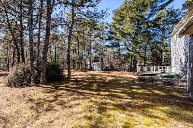 view of yard with a storage shed, a deck, and an outbuilding