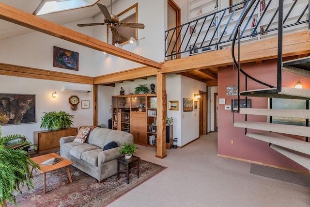 living room featuring carpet floors, beamed ceiling, an AC wall unit, high vaulted ceiling, and a ceiling fan