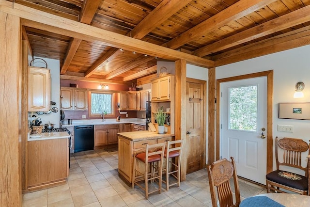 kitchen featuring wood ceiling, beam ceiling, dishwasher, and light countertops