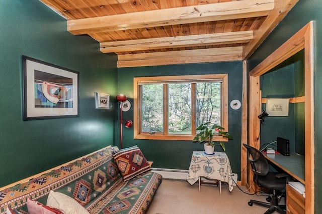 living area featuring beam ceiling, wooden ceiling, baseboard heating, and carpet flooring