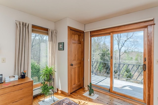 doorway with light wood finished floors and baseboards