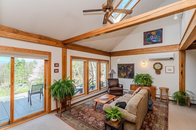 carpeted living area featuring a wall unit AC, a baseboard heating unit, lofted ceiling with skylight, and ceiling fan