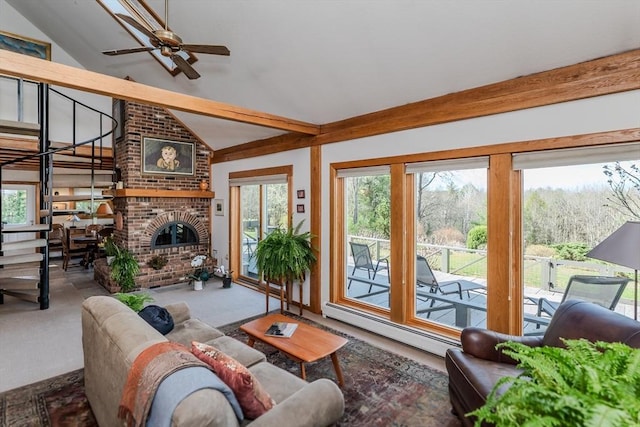 carpeted living area with a ceiling fan, lofted ceiling, and a brick fireplace
