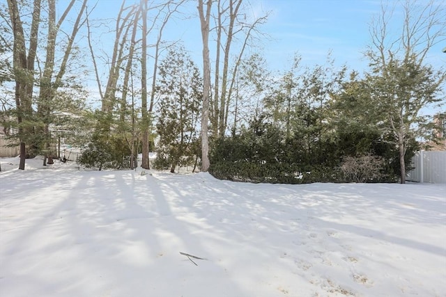 yard layered in snow with fence