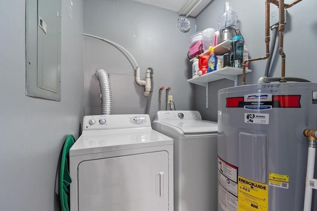 washroom with electric water heater, electric panel, and washer and clothes dryer