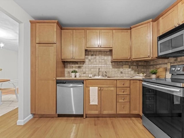 kitchen with stainless steel appliances, a sink, light wood-style floors, and decorative backsplash