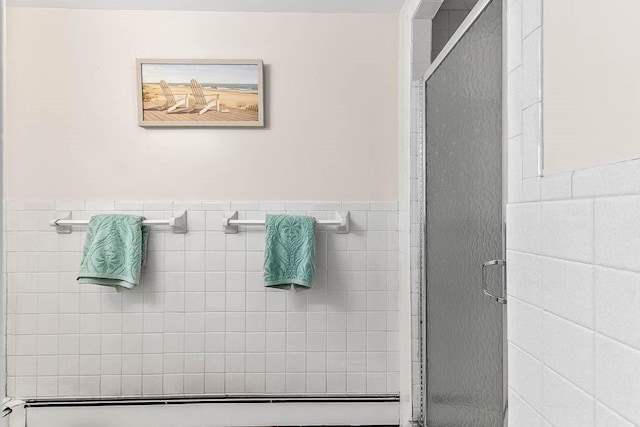 full bathroom featuring wainscoting, tile walls, and a stall shower