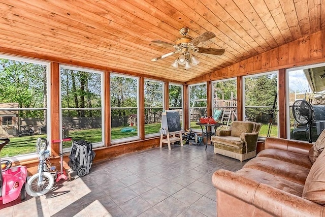 sunroom / solarium with wood ceiling, plenty of natural light, tile patterned floors, and lofted ceiling