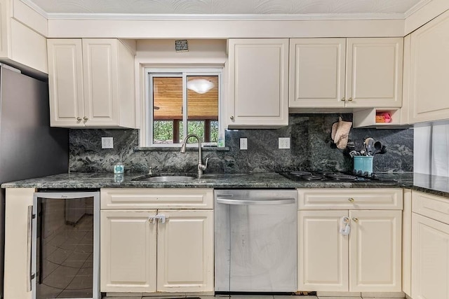 kitchen featuring wine cooler, dark stone counters, tasteful backsplash, a sink, and dishwasher