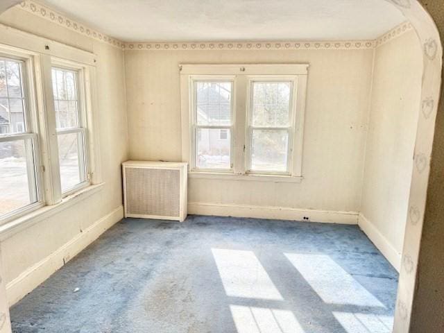 carpeted empty room with radiator heating unit, a wealth of natural light, and baseboards