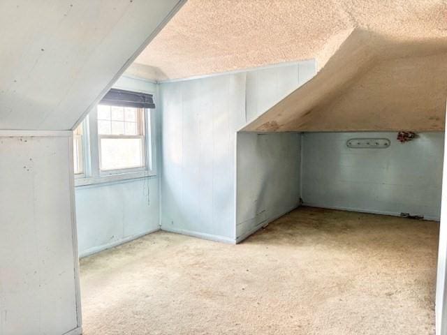 bonus room featuring lofted ceiling, carpet flooring, and a textured ceiling