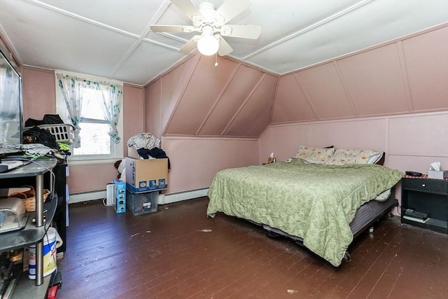 479 Main St, Hanson, MA 02341 - bedroom with a decorative wall, a baseboard radiator, hardwood / wood-style floors, and ceiling fan
