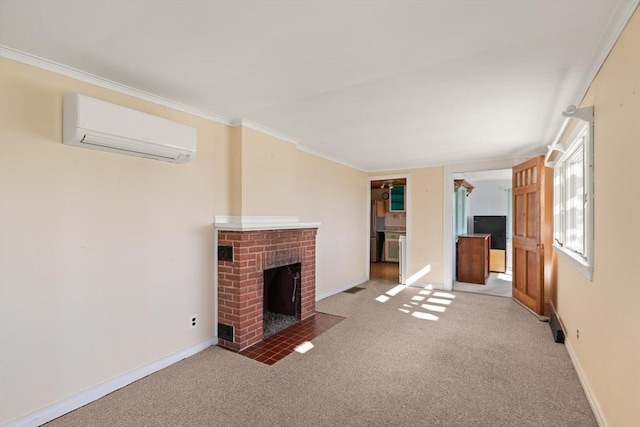 unfurnished living room featuring a fireplace, crown molding, carpet, and an AC wall unit