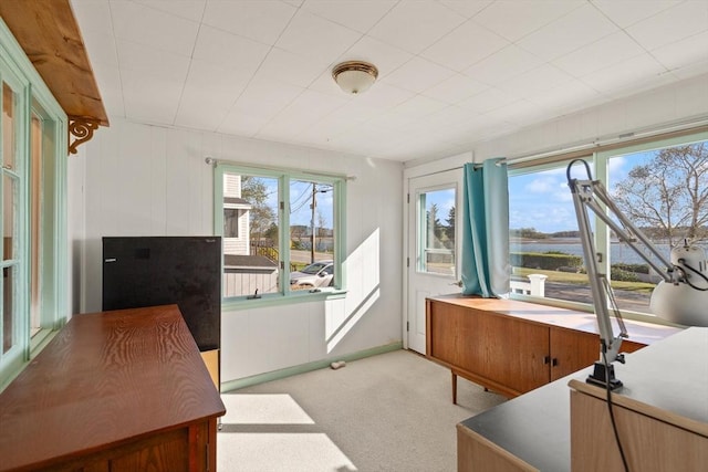 office with baseboards and light colored carpet