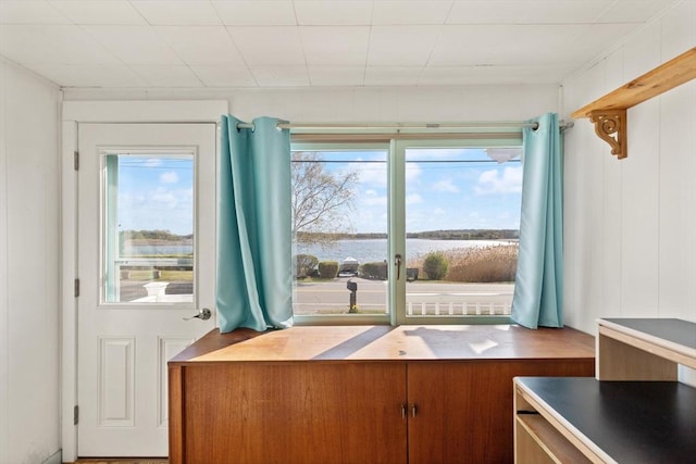 interior space featuring a water view