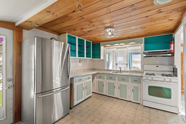 kitchen with wood ceiling, a sink, freestanding refrigerator, white range with gas cooktop, and under cabinet range hood