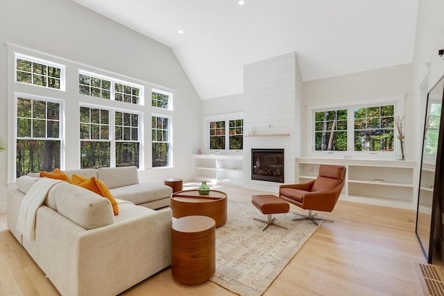 11 Cuba St, Andover, MA 01810 - living room with a healthy amount of sunlight, a fireplace, high vaulted ceiling, and wood finished floors