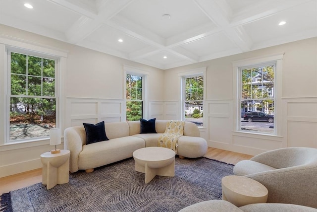 11 Cuba St, Andover, MA 01810 - living room featuring a decorative wall, wood finished floors, a healthy amount of sunlight, recessed lighting, and coffered ceiling