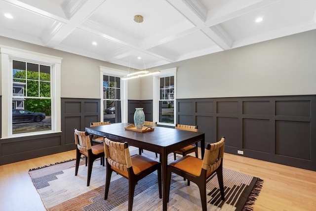 11 Cuba St, Andover, MA 01810 - dining room with beam ceiling, a decorative wall, light wood-type flooring, and coffered ceiling