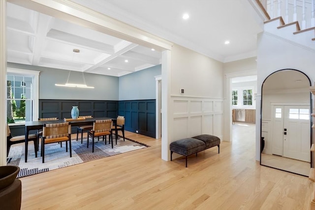 11 Cuba St, Andover, MA 01810 - dining room with beam ceiling, light wood-type flooring, stairway, a decorative wall, and recessed lighting