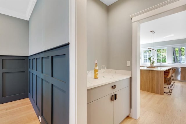 11 Cuba St, Andover, MA 01810 - bar featuring crown molding, light wood finished floors, and stainless steel dishwasher
