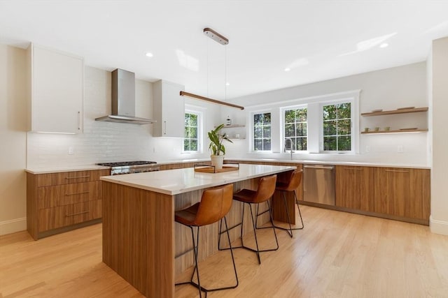 11 Cuba St, Andover, MA 01810 - kitchen with stainless steel appliances, wall chimney range hood, open shelves, and light wood-style floors