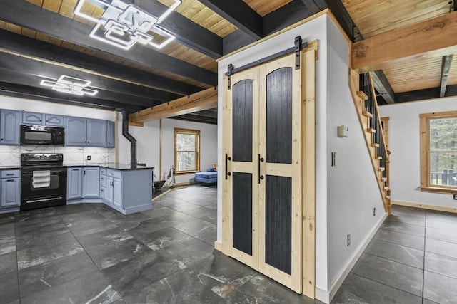 kitchen with black appliances, wood ceiling, beamed ceiling, a barn door, and gray cabinets