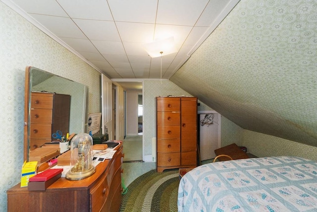 bedroom featuring carpet flooring, vaulted ceiling, and wallpapered walls