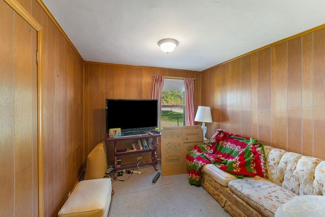 living area featuring carpet and wooden walls