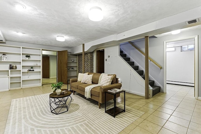 19 Mill Rd, Westborough, MA 01581 - living area featuring a baseboard heating unit, light tile patterned floors, stairway, a textured ceiling, and baseboards