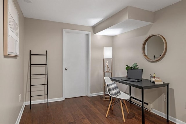 home office featuring a baseboard radiator, baseboards, and dark wood-style flooring