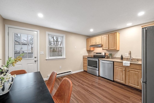 kitchen featuring light brown cabinets, a sink, under cabinet range hood, appliances with stainless steel finishes, and dark wood-style flooring