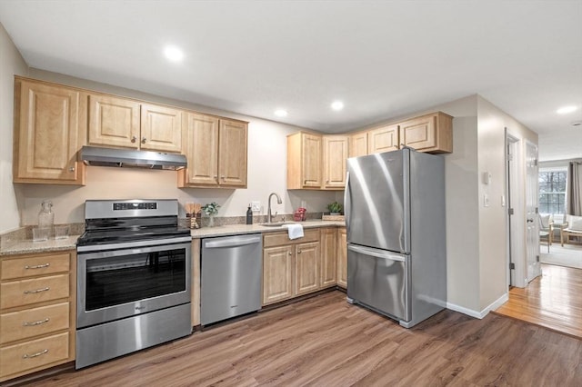 kitchen with under cabinet range hood, light brown cabinetry, light wood-style flooring, appliances with stainless steel finishes, and a sink