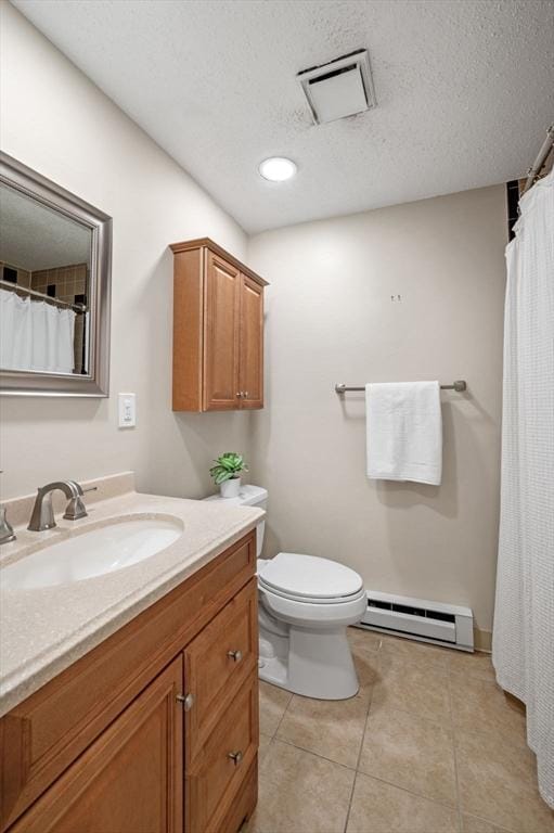 full bathroom featuring visible vents, a baseboard heating unit, toilet, tile patterned floors, and vanity