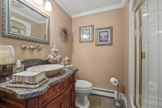 bathroom with ornamental molding, tile patterned floors, baseboard heating, vanity, and a shower stall