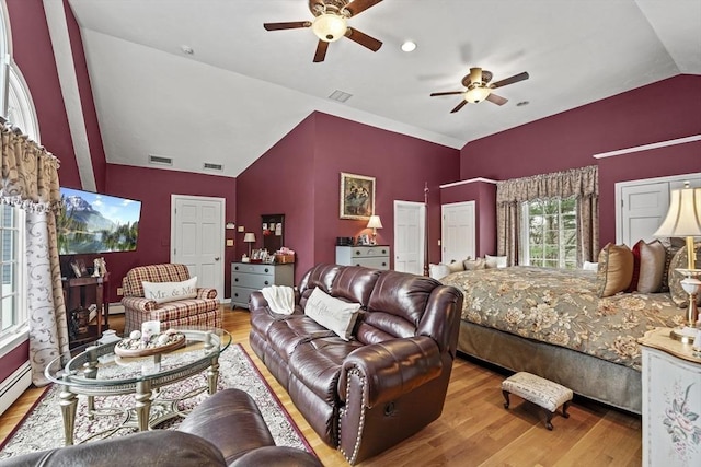 bedroom featuring lofted ceiling, light wood finished floors, and visible vents