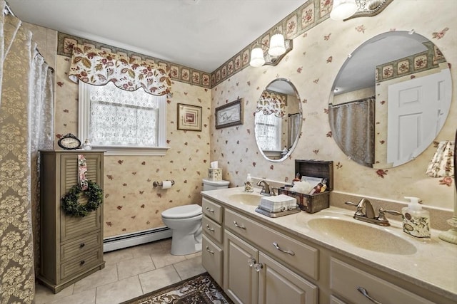 full bathroom with a sink, baseboard heating, and wallpapered walls