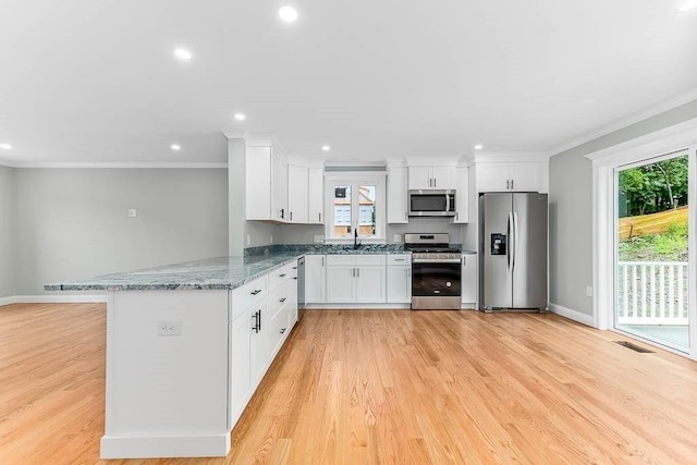 kitchen with sink, stone counters, stainless steel appliances, white cabinets, and kitchen peninsula