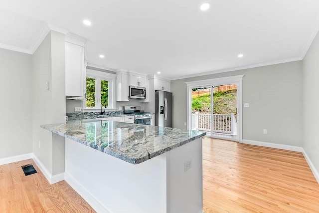 kitchen with sink, stone counters, white cabinetry, appliances with stainless steel finishes, and kitchen peninsula